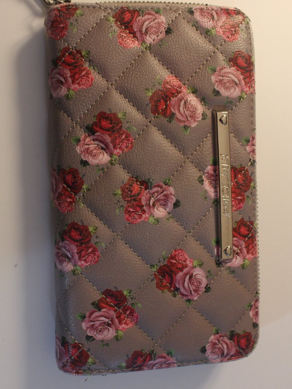 Betsey Johnson Taupe Quilted Rose Print Zip-Around Wallet